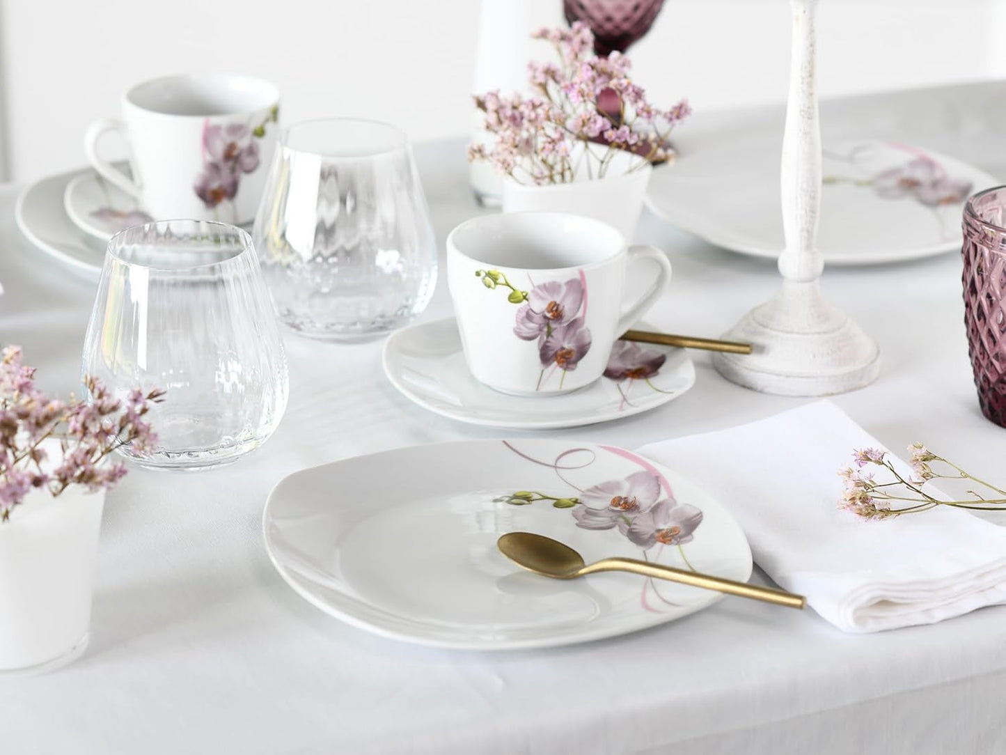 CreaTable, 24024, Square Orchid-serie, 18-delige serviesset voor 6 personen, porseleinen koffieservies, vaatwasmachine- en magnetronbestendig, kwaliteitsproductie