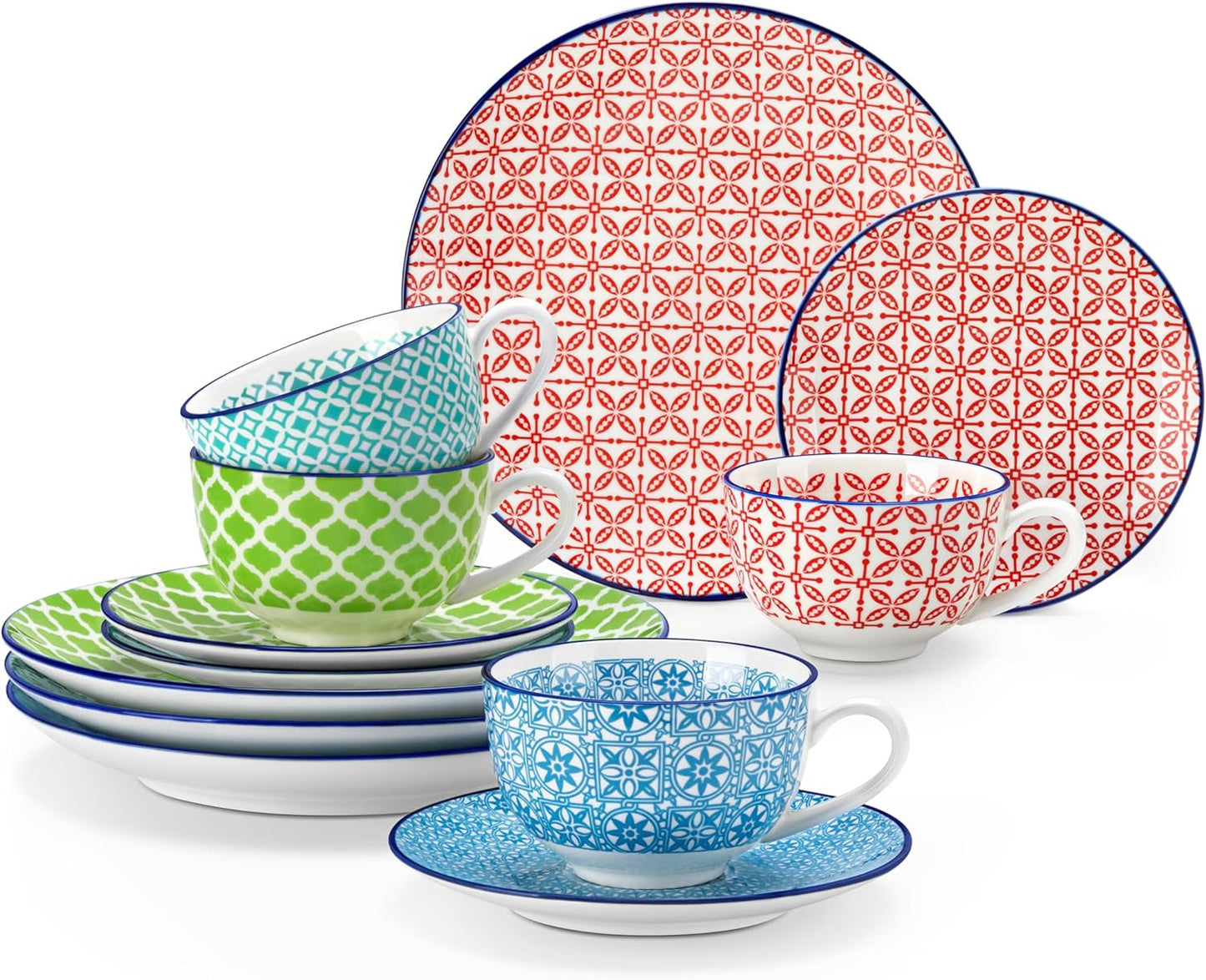 Vancasso Macaron porseleinen koffieset, 12-delig kleurrijk koffieservies voor 4-12 personen, kopjesset, inclusief koffiekopjes, schotels en dessertborden