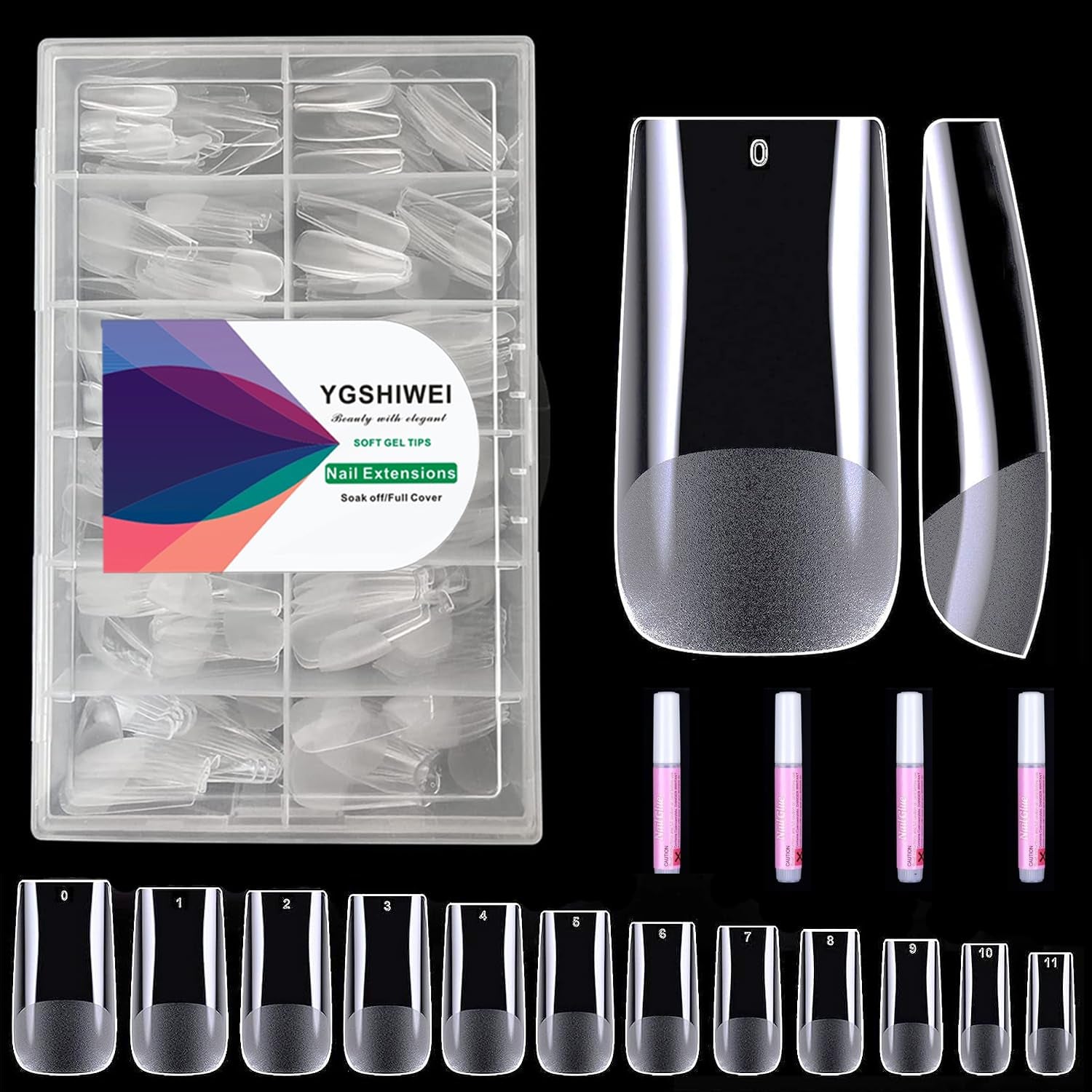 Volledige dekking kunstnagels 504-pack 12 maten kunstnagels met nagellijm Acryl kunstnagels met opbergdoos voor nagelstudio's en doe-het-zelf nagelkunst voor thuis (vierkant)