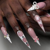 Mouyuglow Lange nagels Stiletto Melkwit Gradiënt Roze Glitter Cool Nepnagels met lijm Roze Ombre Glitter Kunstnagels