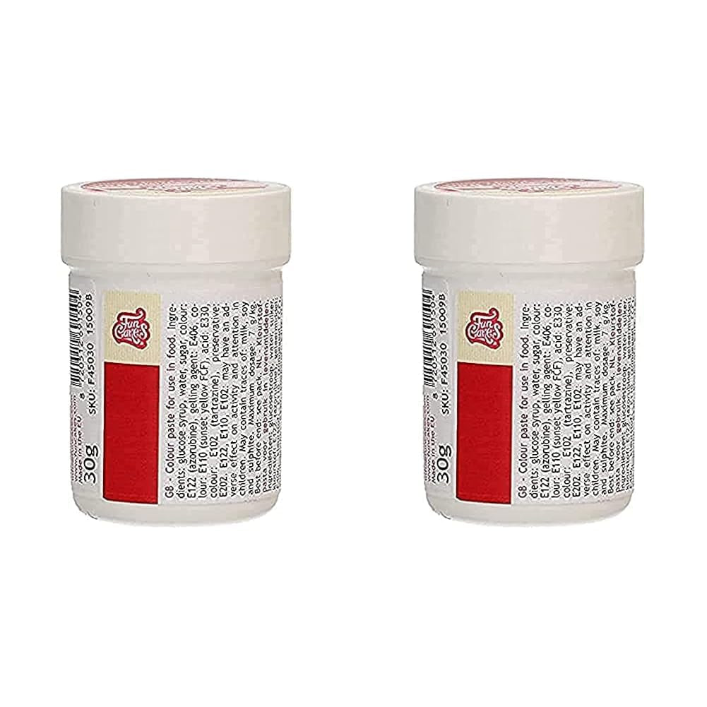 Geconcentreerde kleurstof voor levensmiddelen Funcakes Pasta Rode kerstkleuring; voor deeg, room, fondant, marsepein, deeg, modelleerpasta en bloemenpasta. Halal en koosjer. 30 g (pak van 2)