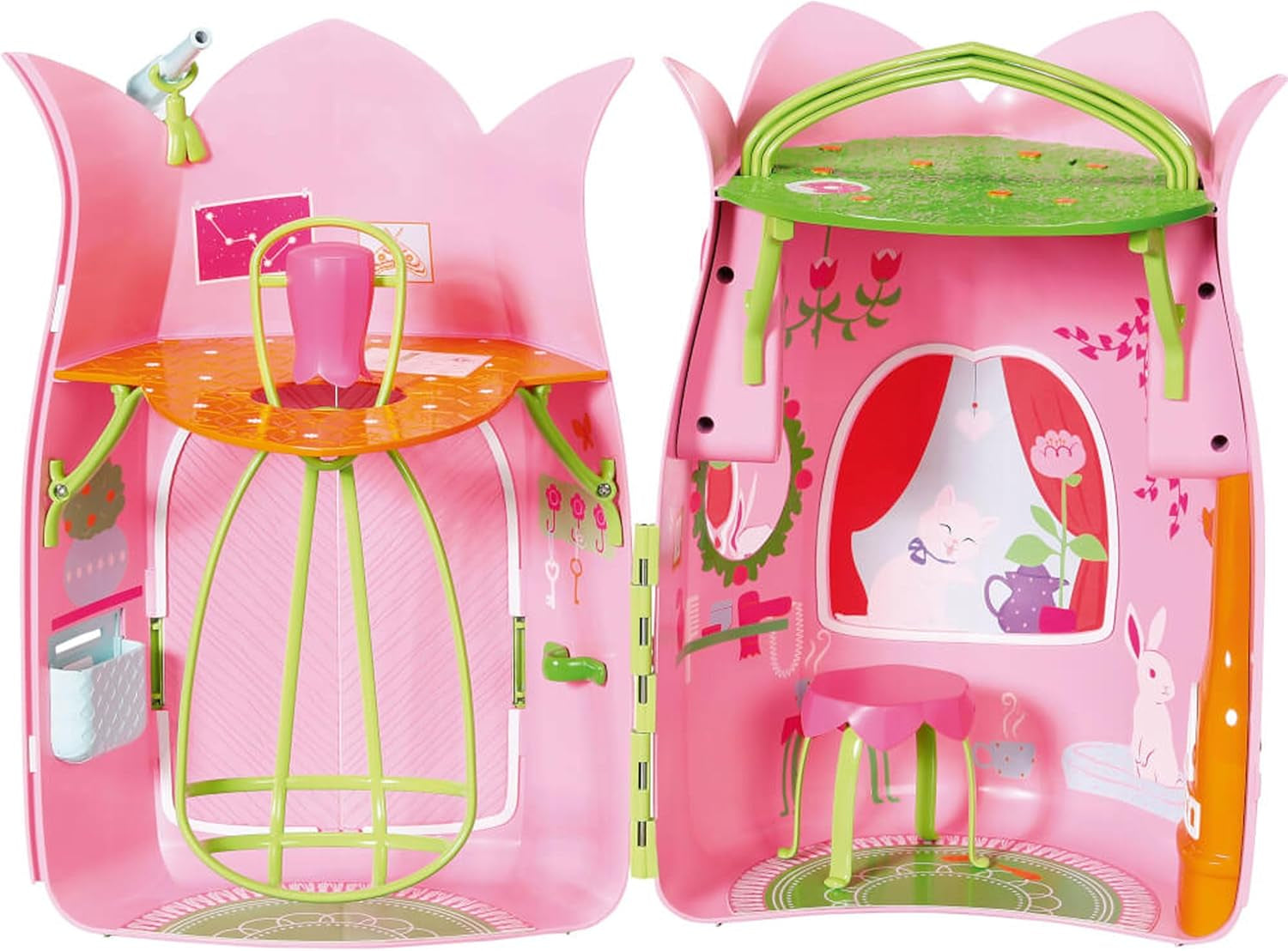 BABY Born Storybook Cottage, opvouwbaar poppenhuis voor poppen van 18 cm met tafel, open haard, chaise longue en telescoop, roze groen, 833803 Zapf Creation Poppenhuizen Naty Shop