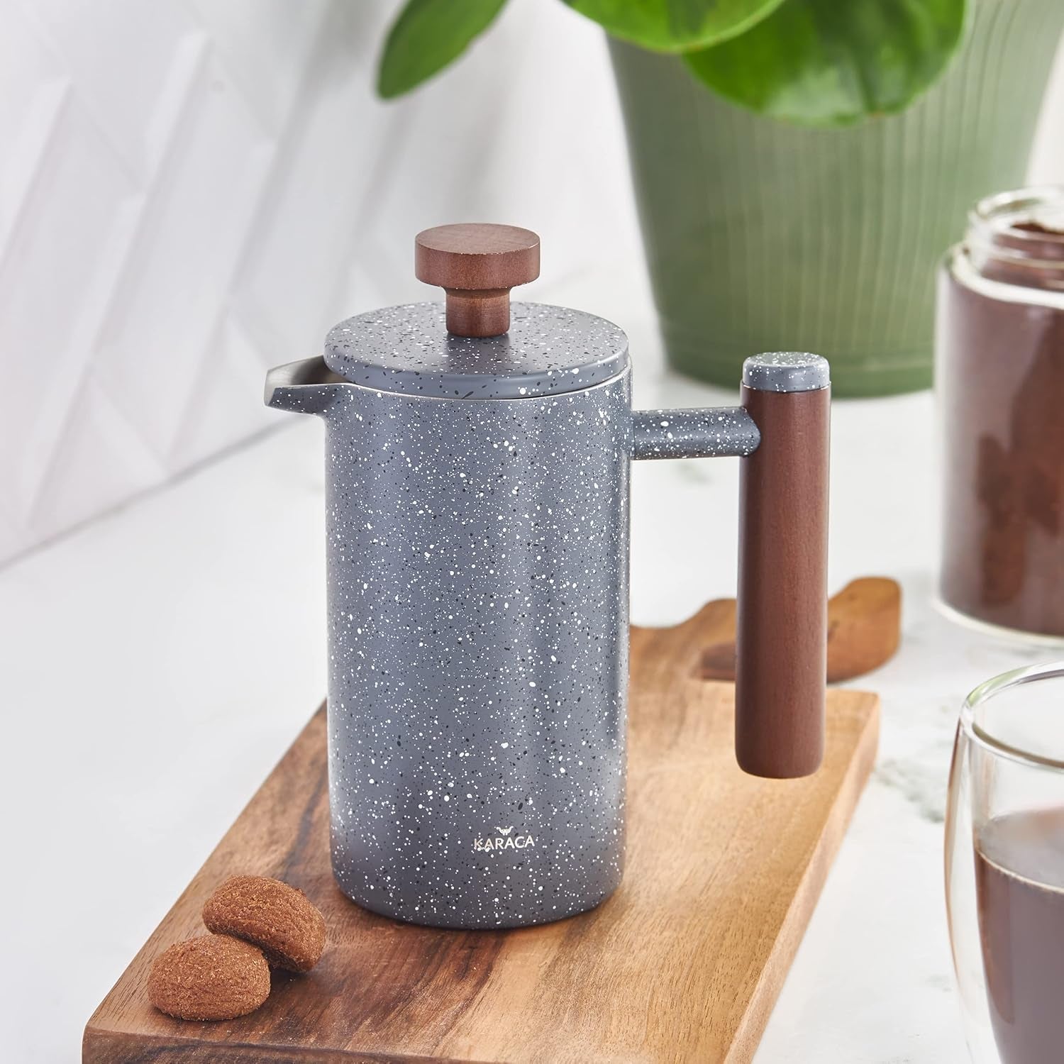 KARACA Marmeren dubbelwandige Franse pers met kastanjehouten handvat - Geïsoleerde Franse pers voor koffie - Home Travel Camping Koffiezetapparaat - 350 ml - Donkergrijs