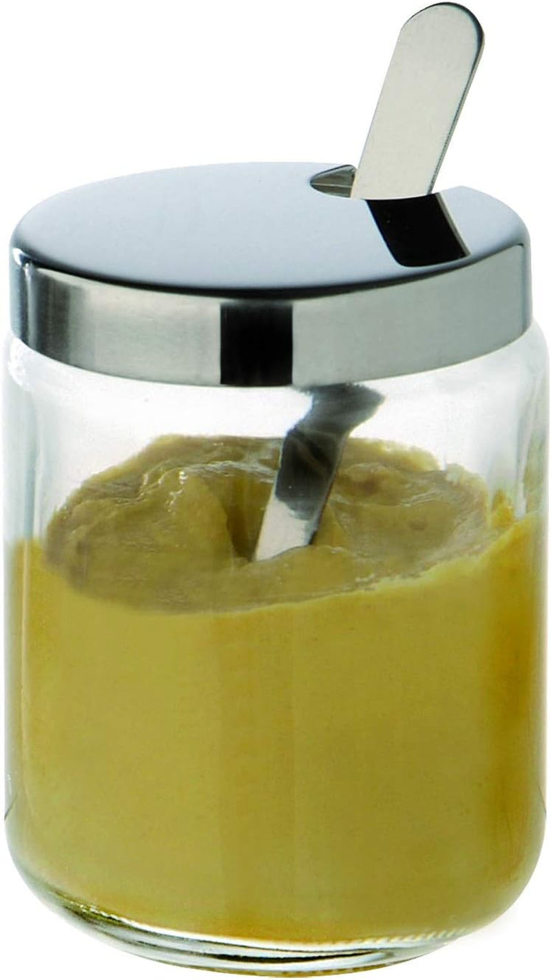 APS 40415 Mosterdpot, set van 2, elk Ø 5cm, H: 6cm, glas, RVS, incl. houder lepel en deksel