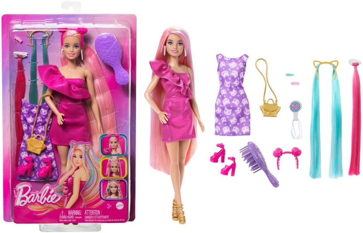 Barbie Totally Hair - Pop met gemakkelijk te stylen, extra lang regenbooghaar en 10 mode- en stylingaccessoires, jurk met stippen in kleurblokken, voor kinderen vanaf 3 jaar, HKT96