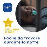 MAM Air Nachtfopspeen 6-16 maanden (2-pack) MAM-fopspeen 6-16 maanden, Glow In The Dark voor de gevoelige huid, babyaccessoire 2-pack met siliconen speen- en fopspeenhouder, neutraal/groen