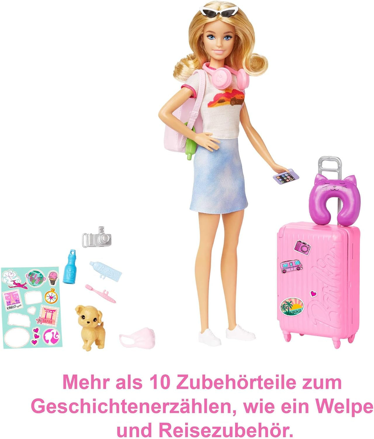Barbie-pop, reisbarbie met blond haar, 10+ reisaccessoires, stickers, koffer, puppy, inclusief 1 pop, kindercadeau, speelgoed vanaf 3 jaar, HJY18