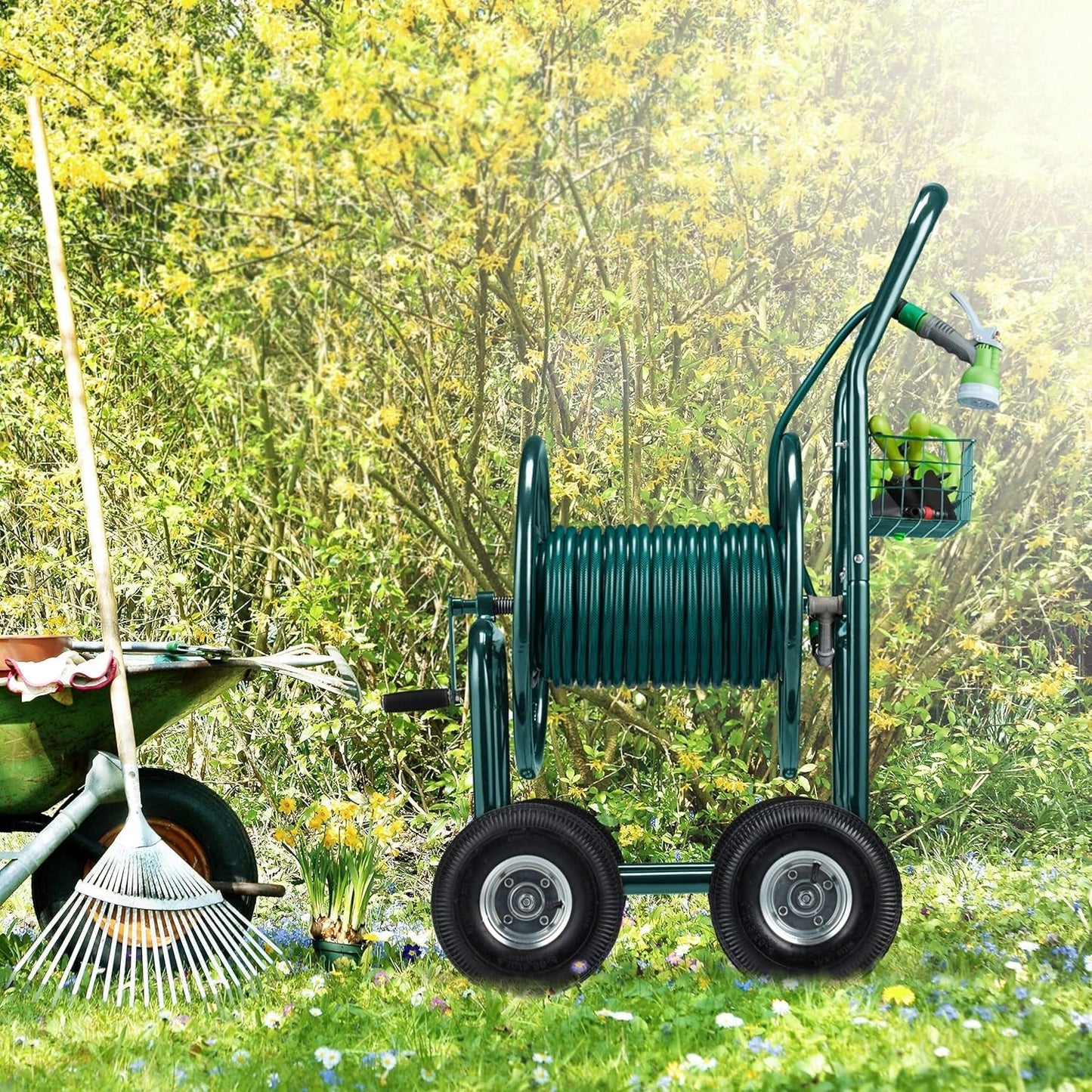 Relaxdays slangenwagen, tot 90 m, 4 luchtbanden, klikkoppeling, metalen slanghaspel, slangverdeler met mand, groen