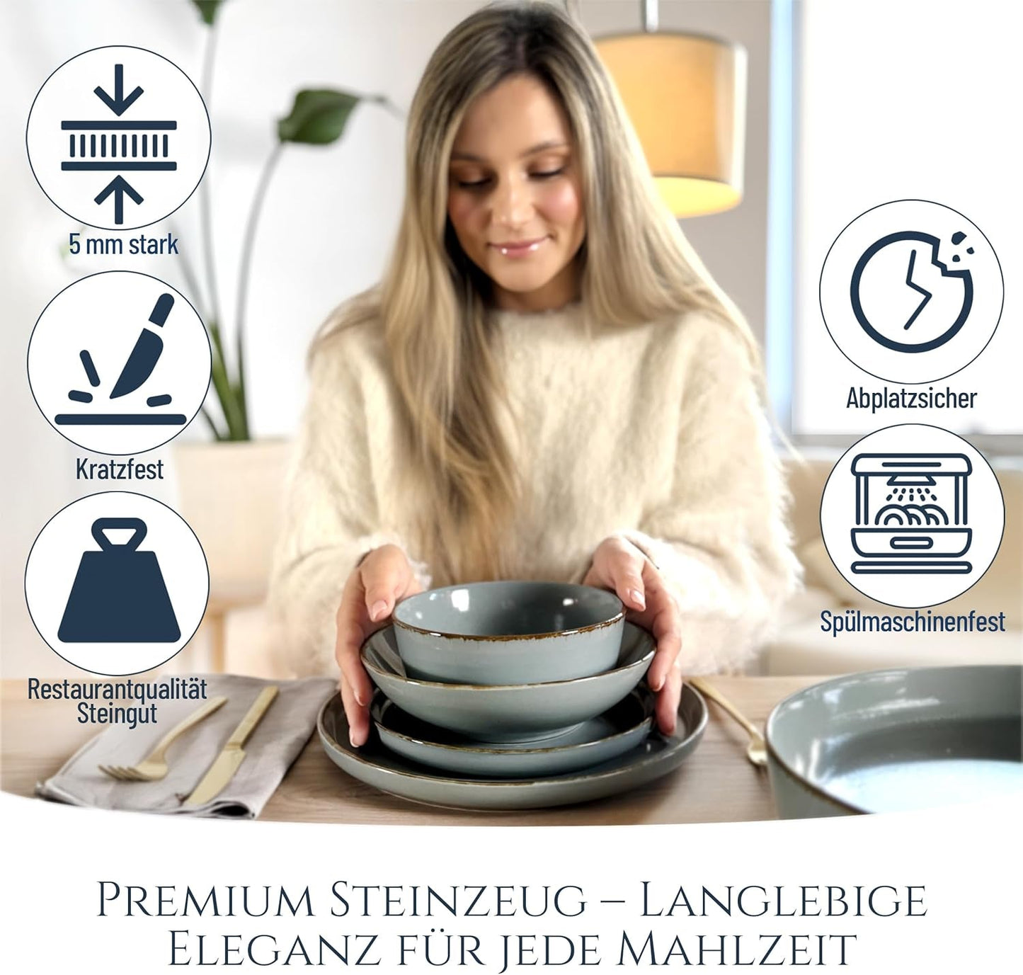 Steingut Geschirrset 6 Personen Rustiek 24 tlg. TESTSIEGER, Hochwertiges Landhaussttil Steingut Geschirr Set, Schüssel- und Teller Set, Tafelservice 6 Personen, Geschirrsets Puur Wonen in Rauchblau