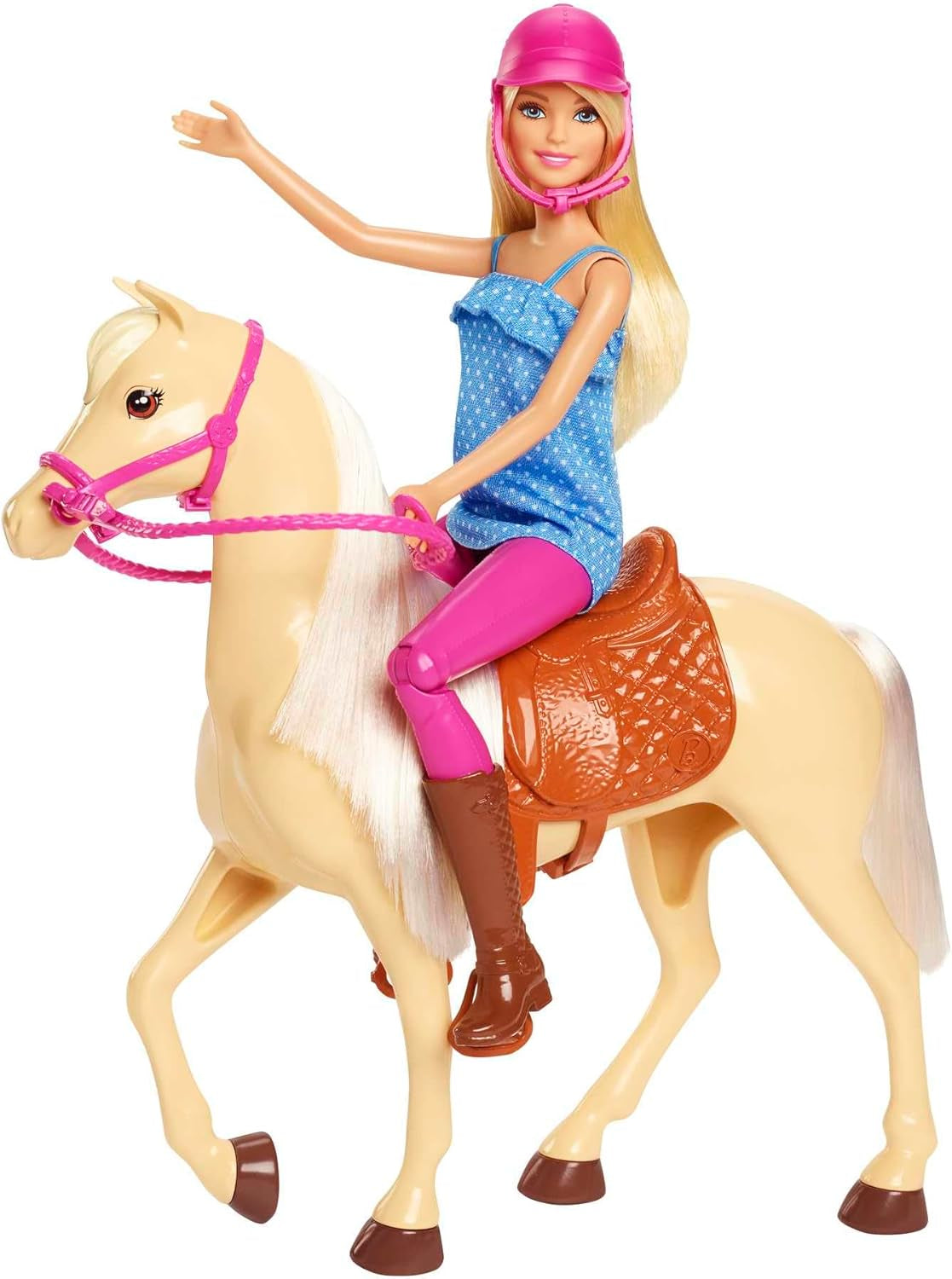 Barbie pop en paardenspeelgoed, rijaccessoires, inclusief 1 pop en 1 paard, geschikt als cadeau voor kinderen vanaf 3 jaar, FXH13