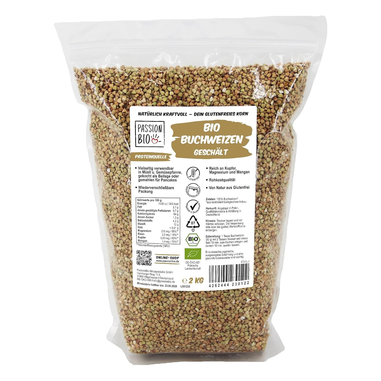 PassionBio biologische boekweit 2 kg - hersluitbare verpakking - raw food kwaliteit