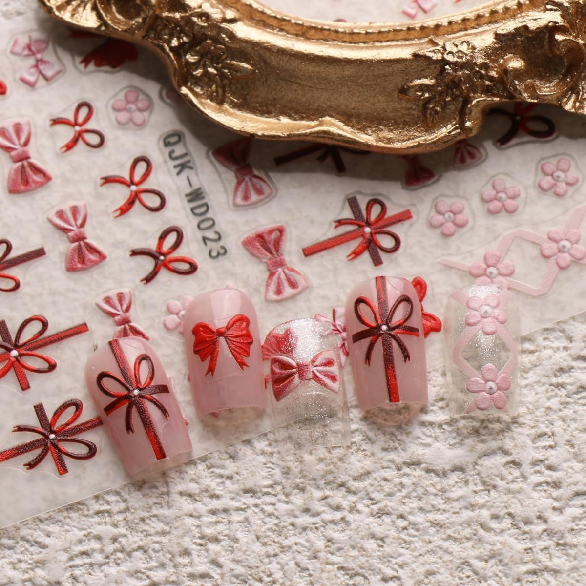 JMEOWIO Nagelsticker Bunte Herz Schleife 6 Blatt Nail Art Sticker Selbstklebend Nagelaufkleber Decoratie Nageldesign Zubehör