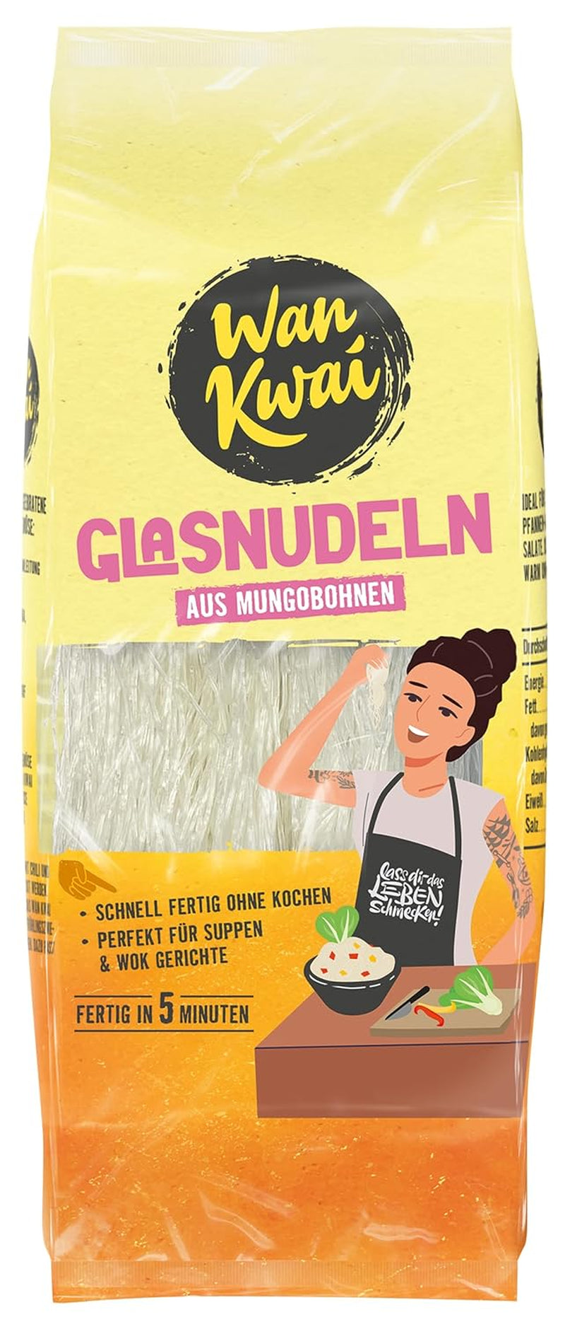 Wan Kwai glasnoedels 100 g – gastronomische Aziatische variant! Glutenvrij, gemaakt van mungbonenzetmeel en water. Ideaal voor soepen, wokgerechten en salades. Fijne textuur, klaar in 5 minuten.
