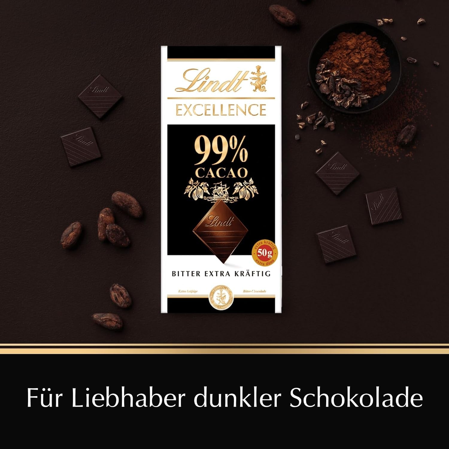 Lindt EXCELLENCE 99% Kakao - Edelbitter-Chocolade | 50G Tafel | Extra Kräftige Bitter-Chocolade | Versterker Kakao-Geschmack | Pure chocolade | Veganistische Schokolade | Schokoladengeschenk Naty Shop