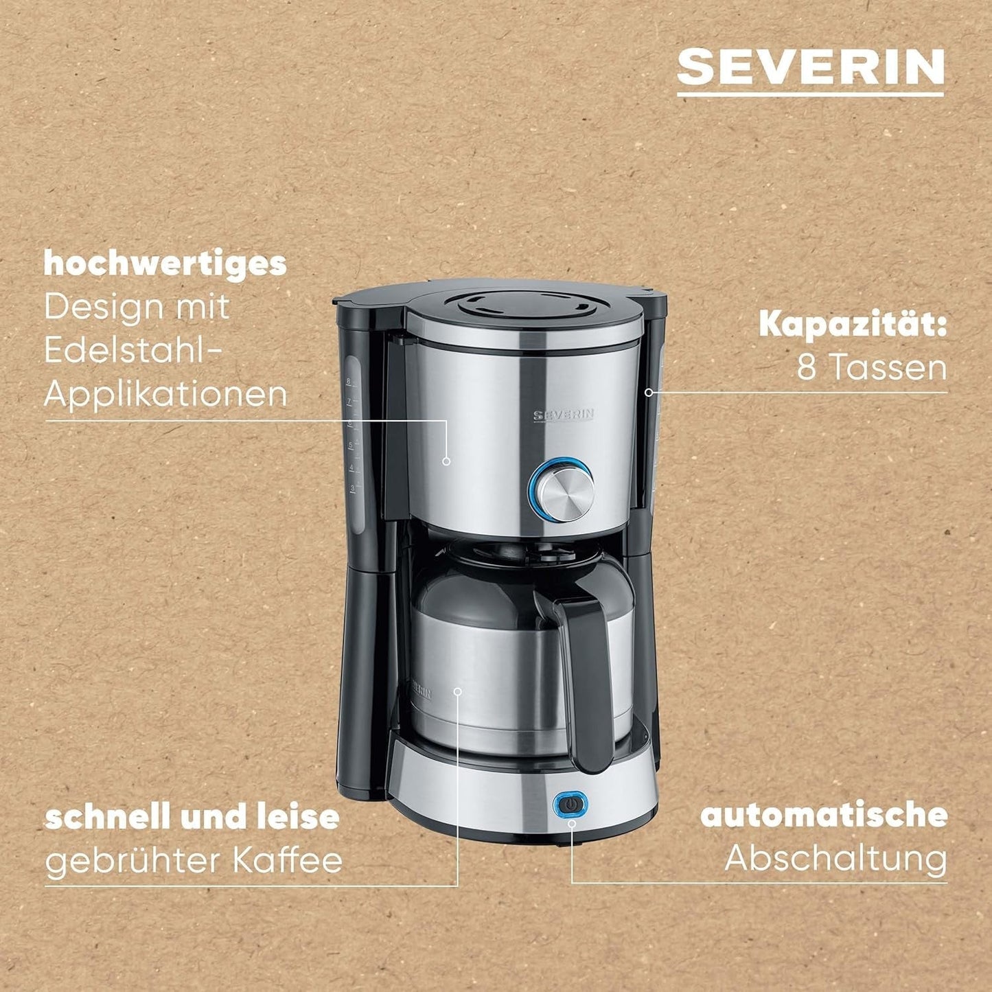 SEVERIN "TypeSwitch" espressomachine met thermische karaf, AromaSwitch voor keuze tussen 2 zetprofielen, koffiezetapparaat voor maximaal 10 kopjes, 1000W, geborsteld roestvrij staal-zwart, KA 4845