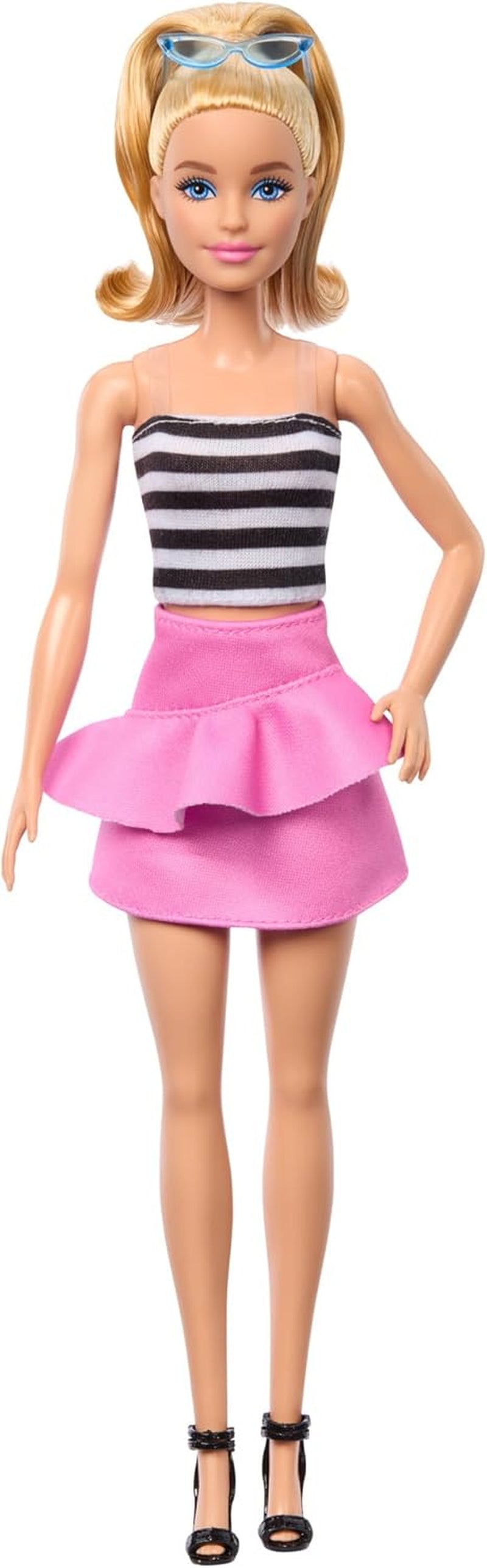 Barbie Fashionistas pop nr. 213 Blonde in gestreepte top, roze rok en zonnebril 65e verjaardag Collectible Fashion Doll HRH11 Naty Shop Dolls