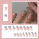 24 stuks Franse pers op nagels kort glanzend zilver ontwerp ovale kunstnagels lijm op acryl glanzende nagels kunstnagels voor dames meisjes