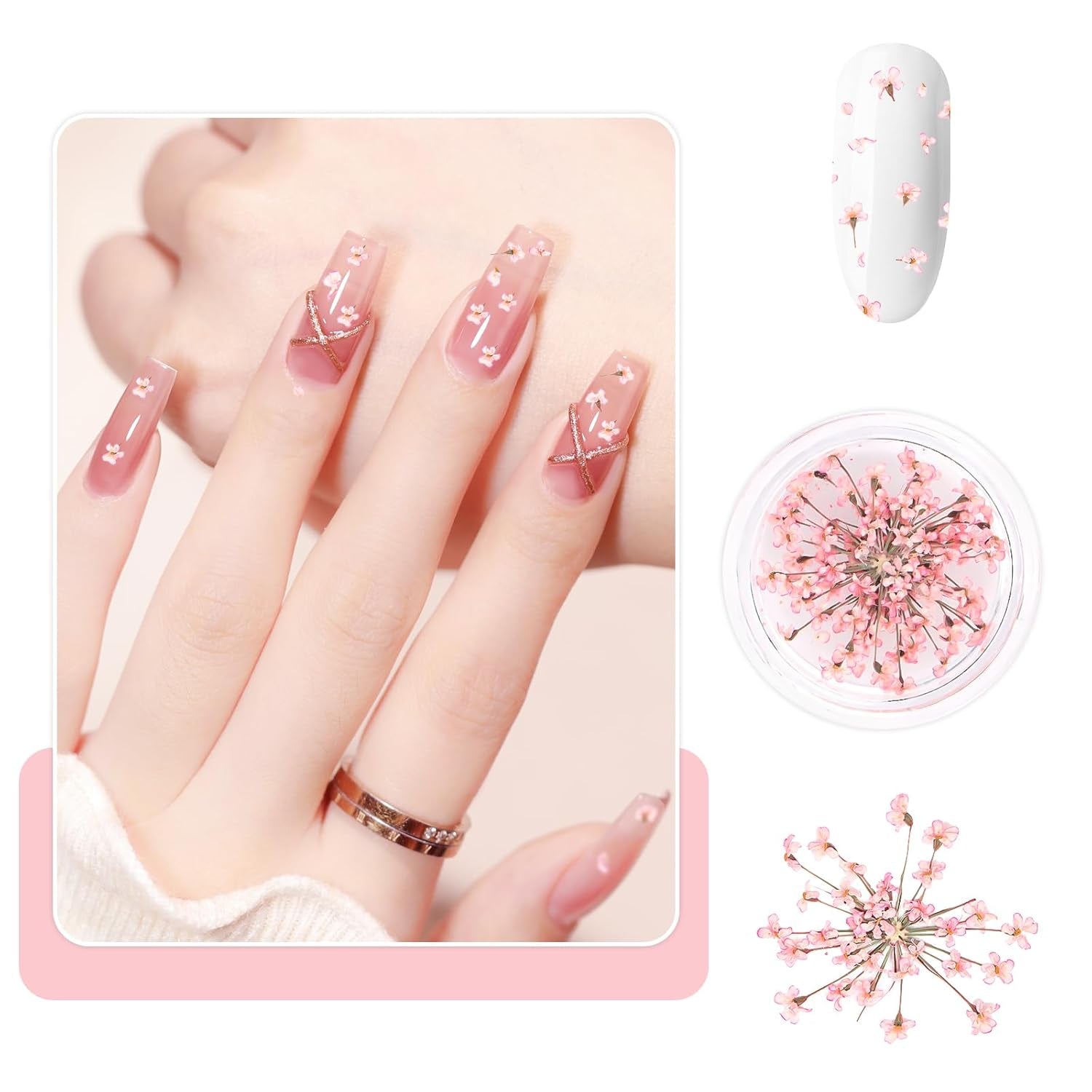 Nail Art Bloemen Set Decoratie - Gelnagels 3 kleuren (Oranje, Blassrosa, Roos), Nail Art Aufkleber Trockene Blumen Kit Getrocknete Blumen Zubehör Set DIY Nageldecoratie