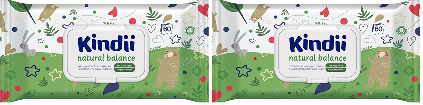 Kindii Natural Balance vochtige doekjes voor baby's – (1 x 60 st.) Vochtige doekjes voor baby's en kinderen – Beschermend, Aloë Vera, delicate geur – 60 st.