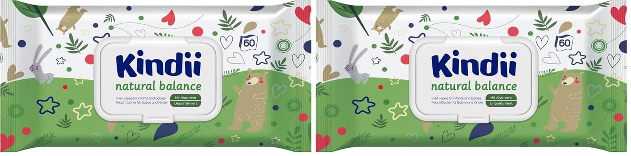 Kindii Natural Balance vochtige doekjes voor baby's – (1 x 60 st.) Vochtige doekjes voor baby's en kinderen – Beschermend, Aloë Vera, delicate geur – 60 st.