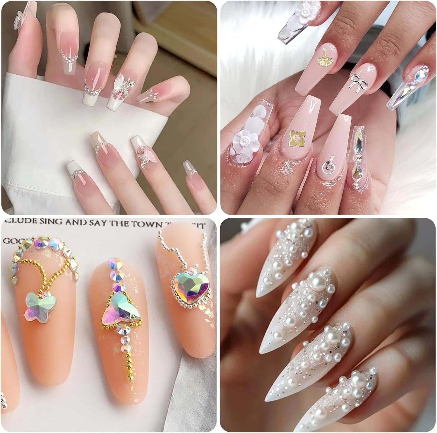 Nagelsleutelhangers 4 boxset - 48 soorten gouden en zilveren 3D nagelsleutelhangers (vlinders, bloemen, parels, enz.) + pincet en pen - voor doe-het-zelf gel- en acrylnagels | Ideaal voor nagelsalon en thuis
