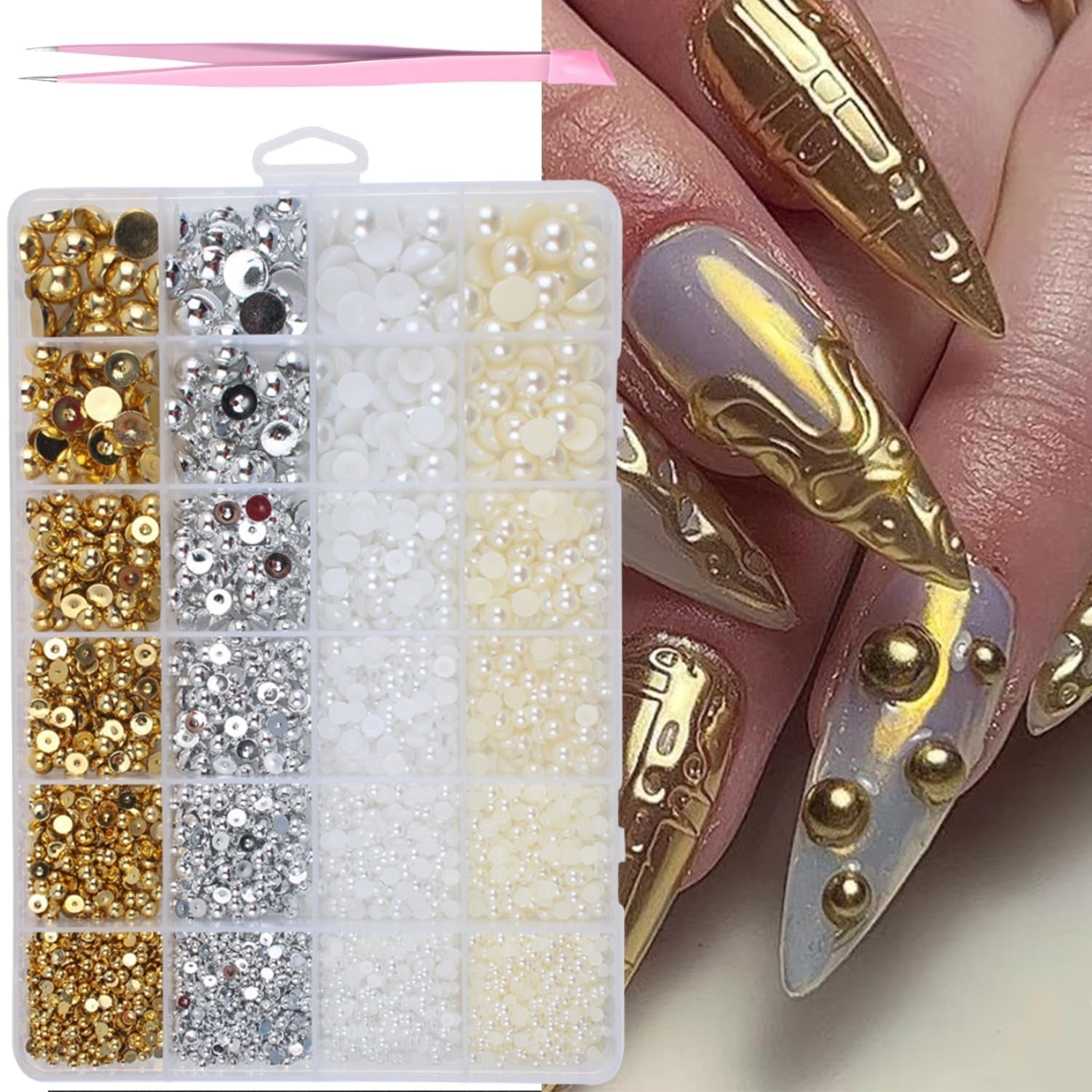 GZMAYUEN 920 Stuks Goud Zilver Plaksteen Perlen Voor Nagel, Halbrunde Weiße Beige Nagel Perlen, Kleine Halbrunde Plaksteen Perlen Voor DIY Nail Art Decor