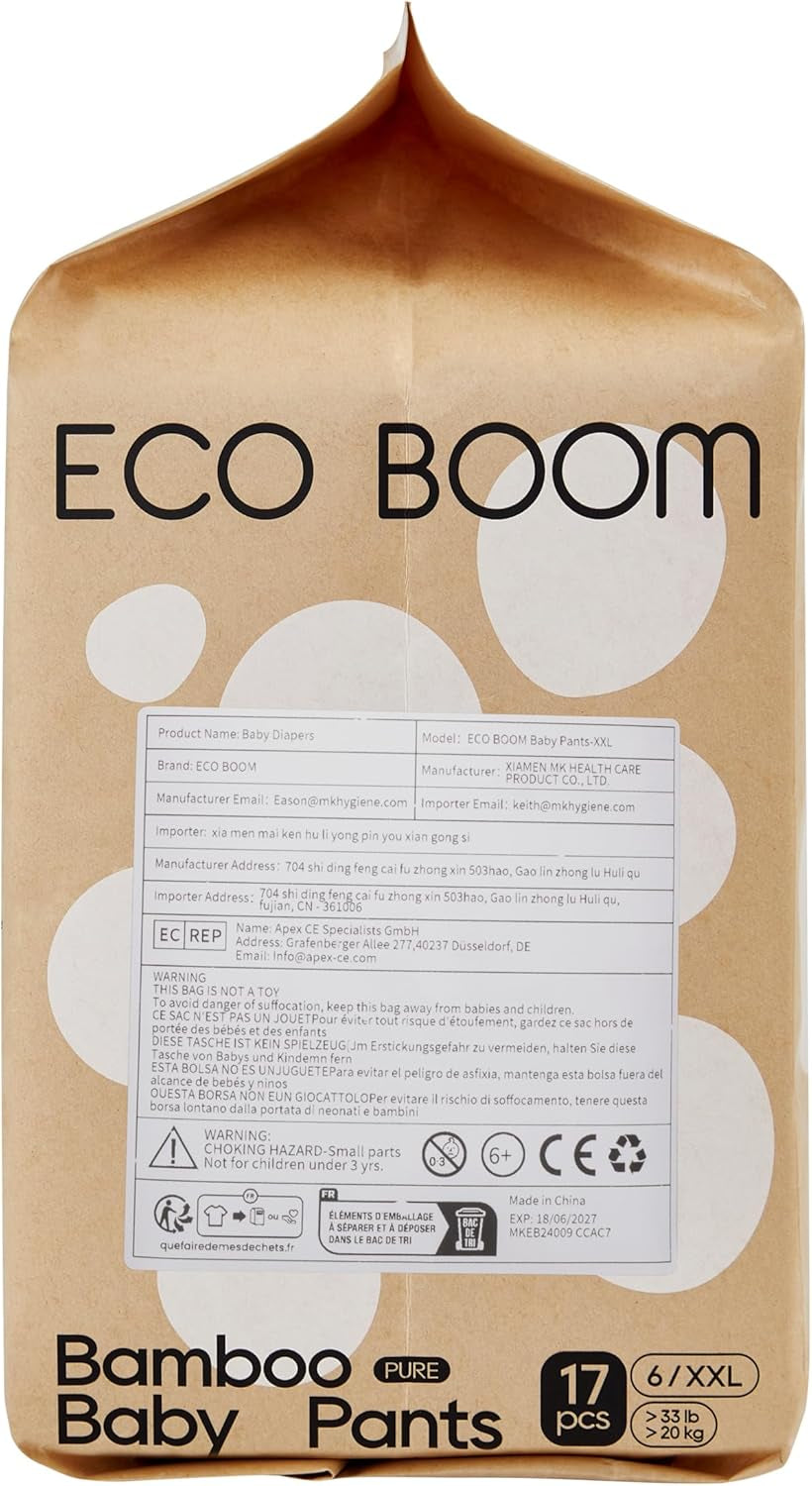ECO BOOM Bamboe Babyluiers - Maat 6 (20kg), Plantaardige Pull-Up Luiers (17st) - Premium Biologisch, Geurvrij, Huidvriendelijk, Super Absorberend