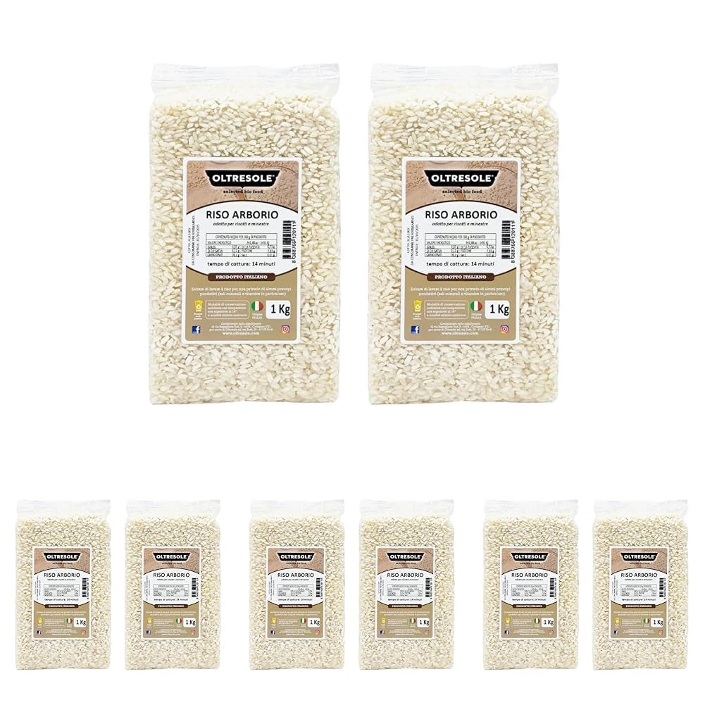 Ambachtelijke Italiaanse Arboriorijst, grofkorrelige en zetmeelrijke rijst, ideaal voor soepen, risotto's en rijstsalades, vacuüm verpakt in 2 zakken van 1 kg