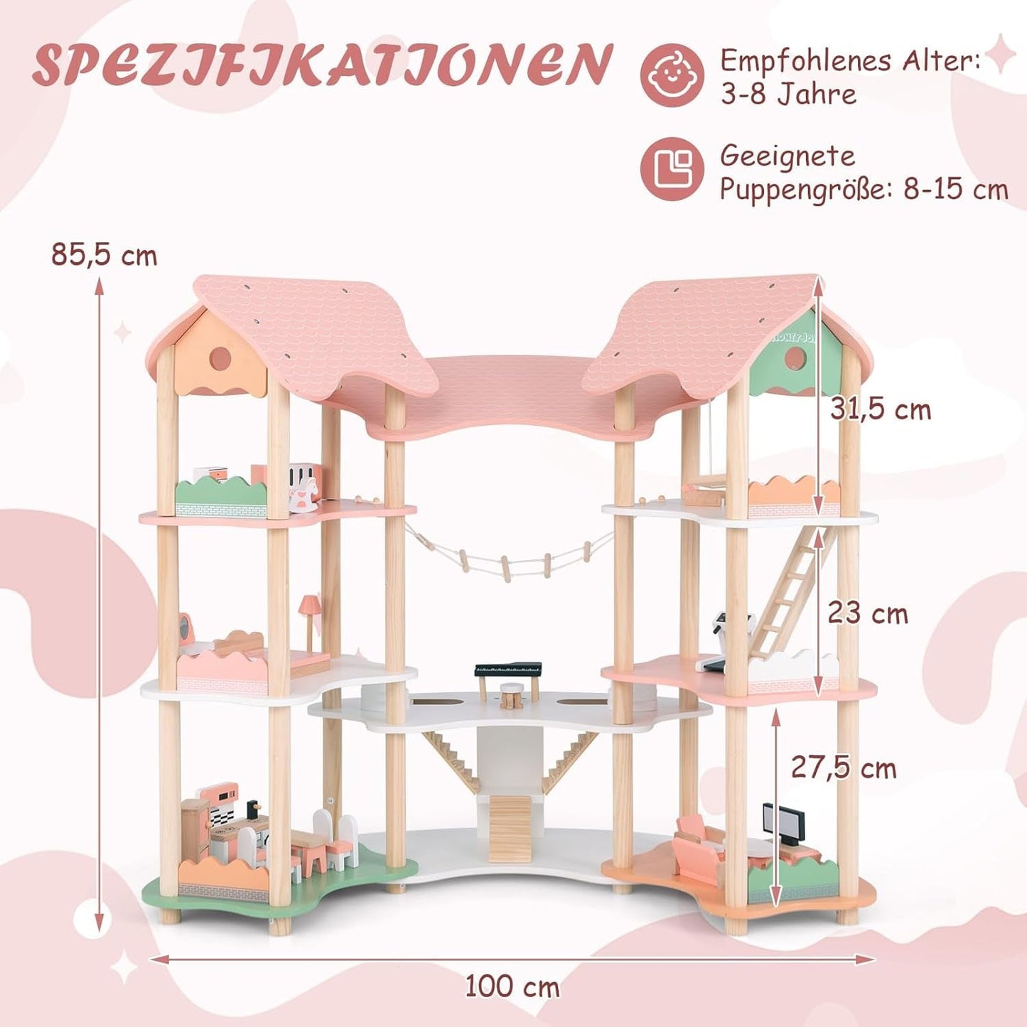 FANTASK houten poppenhuis, 85 cm hoog poppenhuis met 7 kamers en 32 meubels en accessoires, poppenhuis met touwladder, poppenhuiscadeau voor meisjes van 3 jaar oud (model 3) Naty Shop Dollhouses