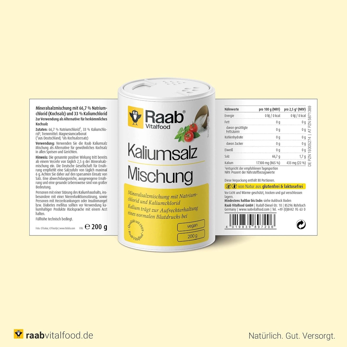 Raab Vitalfood Kaliumzout-Mischung, Mineralsalzmischung mit 66,7% Natriumchlorid (Kochsalz) en 33% Kaliumchlorid, Kalium trägt zur Aufrechterhaltung eines normalen Blutdruck bei (1 x 200 g dosis)