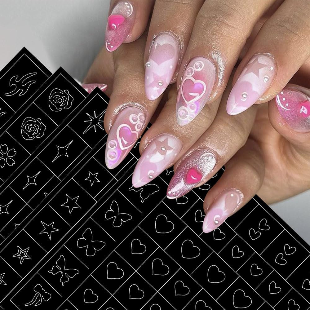6 vellen airbrush-sjabloon nagelstickers, vlindervlam sterren hart sterren nagelstickers afdrukken stencilgereedschap nagelkunst zelfklevende stickers voor vrouwen nagelkunstontwerpstickers