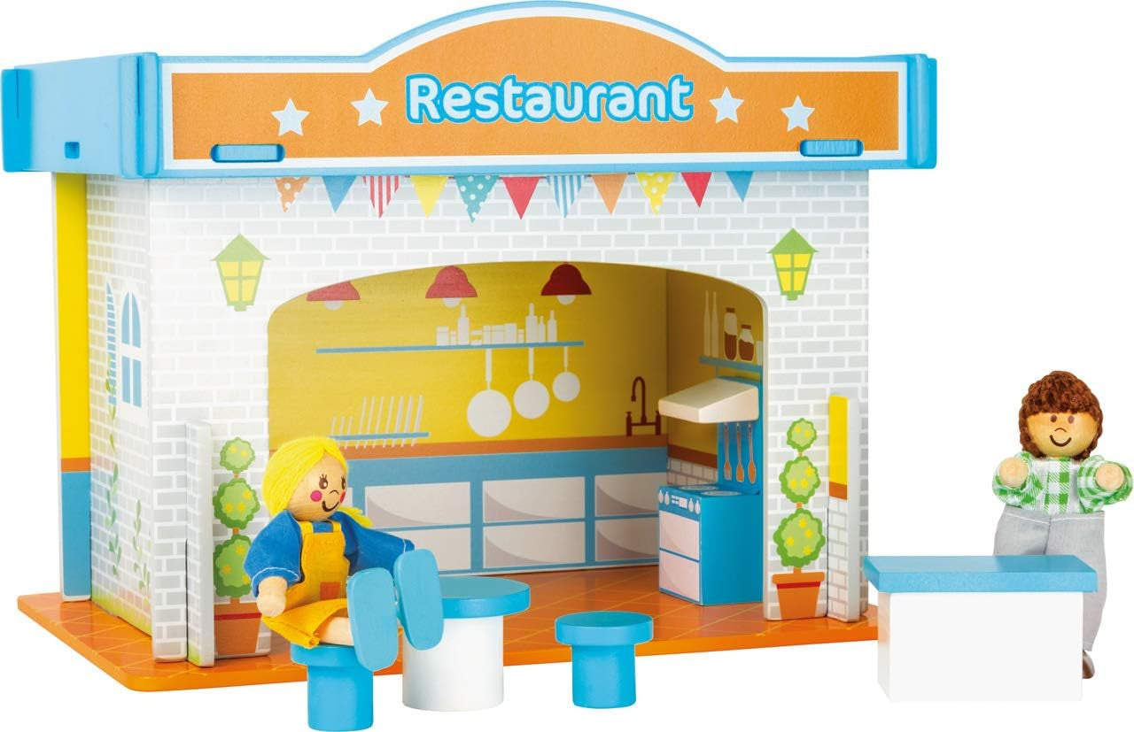 Small Foot 10852 Speelhuis Restaurant Van hout, Met 2 poppenfiguren, accessoires en afneembaar dak, Vanaf 3 jaar Naty Shop Dollhouses