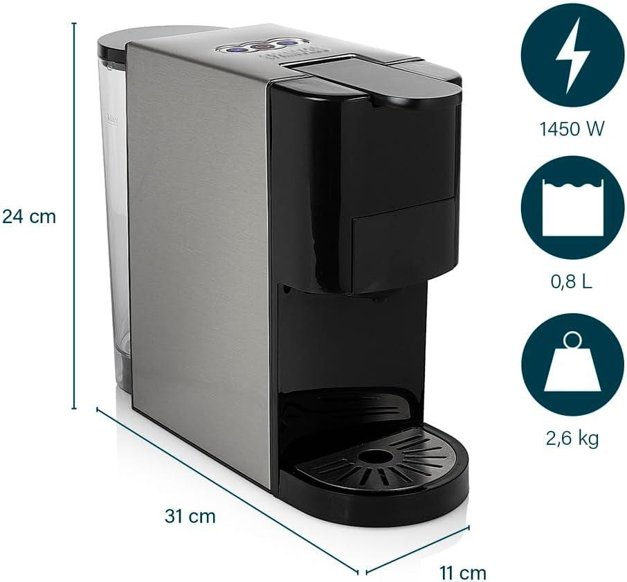 Princess 4 in 1 multicapsule espressomachine - 1450 watt, capsules, pads, gemalen koffie, BPA vrij, 249450, 01.249450.01.001, zwart, zilver