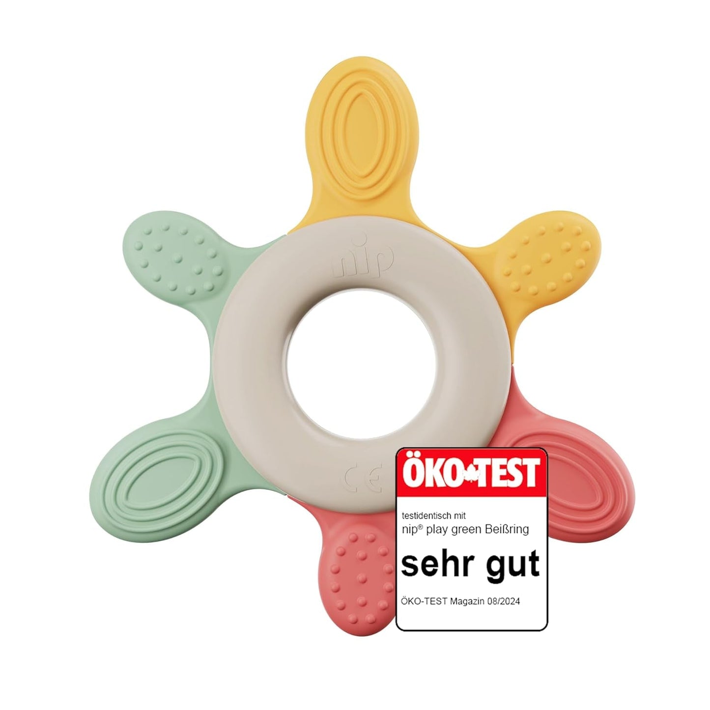 nip – Bijtring | Duurzame bijtring voor baby's vanaf 3 maanden, gemaakt van ruim 65% natuurlijke grondstoffen. Voor zachte massage van tandvlees, tong en tanden | Rood/Groen/Oranje