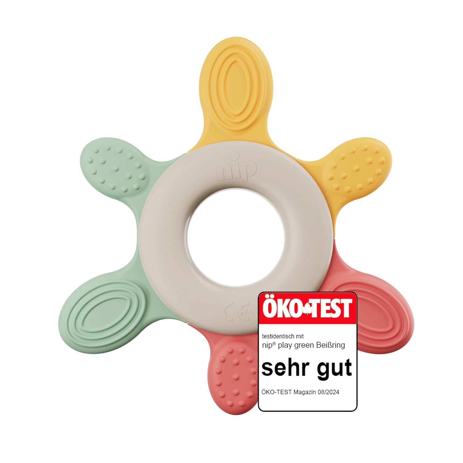 nip – Bijtring | Duurzame bijtring voor baby's vanaf 3 maanden, gemaakt van ruim 65% natuurlijke grondstoffen. Voor zachte massage van tandvlees, tong en tanden | Rood/Groen/Oranje