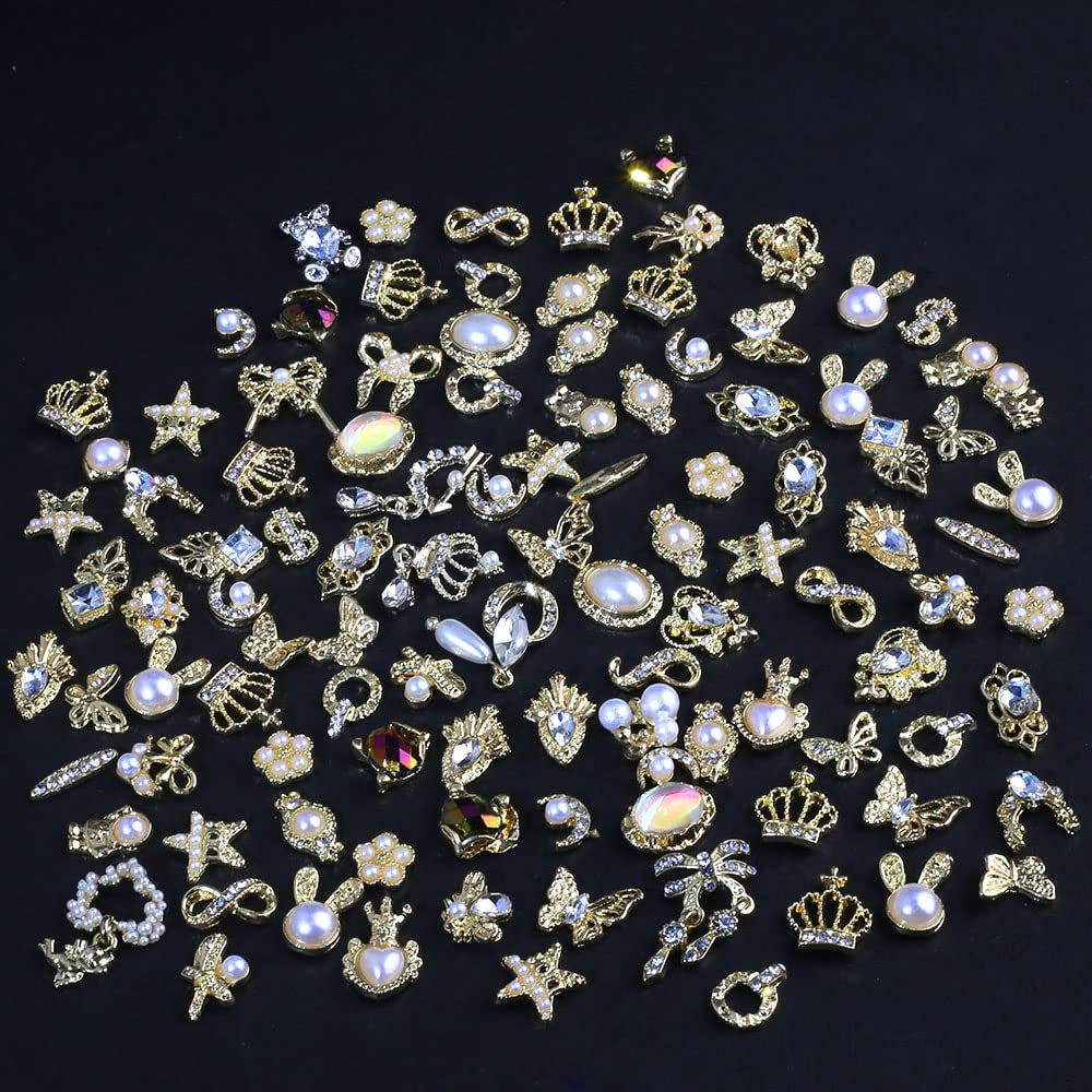 50 Stück Gold Nail Charms,Mix Styles Glitzersteine ​​​​Nägel Perle Legierung Nagel Steine ​​​​Blume Schmetterling Strasssteine ​​​​Nägel Herz Stern Nagel Charms DIY Nail Art Zubehör Frauen Nägel Deko