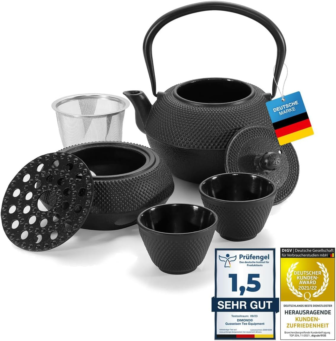 Dimono traditioneel gietijzeren theeservies: theepot, warmer en 2 theekopjes
