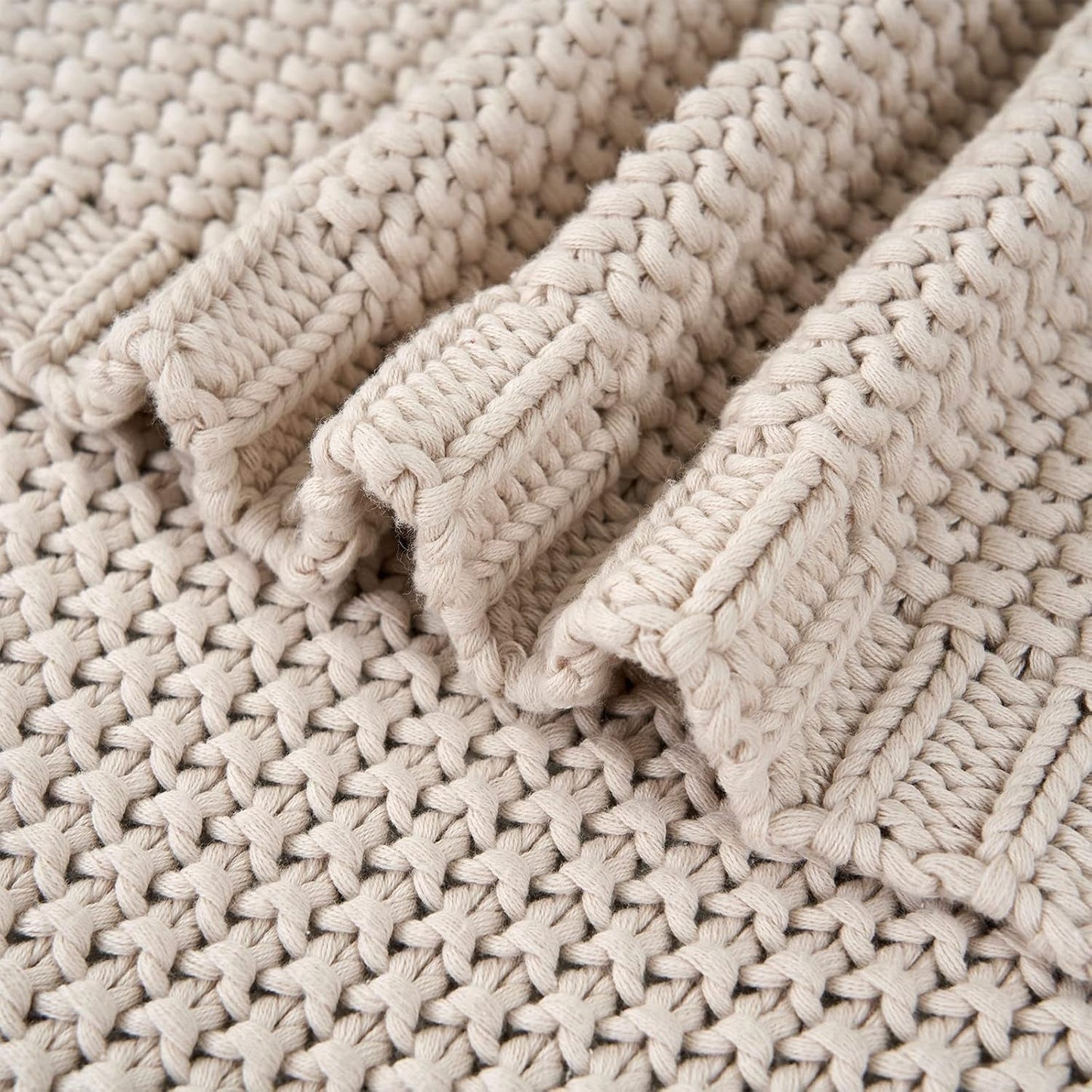 Grof gebreide deken, Lichtgewicht, Beige, 100% biologisch katoen, Deken voor bank, bank, bed, kind, kinderkamer, Rustiek, Shabby chic, Moderne boerderij, 152,4 X 203,2 cm, Inclusief waszak Bedden en dekens Longhui beddengoed