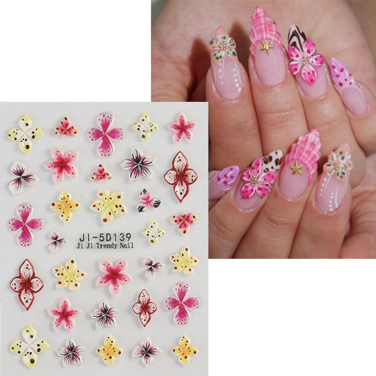 JMEOWIO 3D Nagelsticker Kleurrijke Bloem Nail Art Sticker Selbstklebend Nagelaufkleber 5D Stereoskopisch Lente Zomer Bloemendecoratie Nageldesign Zubehör 4 Blatt