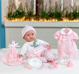 JC Toys - Berenguer Boutique 38 cm zachte, levensechte pop met open/gesloten mond, 10-delige cadeauset, babyfles, rammelaar, fopspeen en accessoires, roze, vanaf 2 jaar