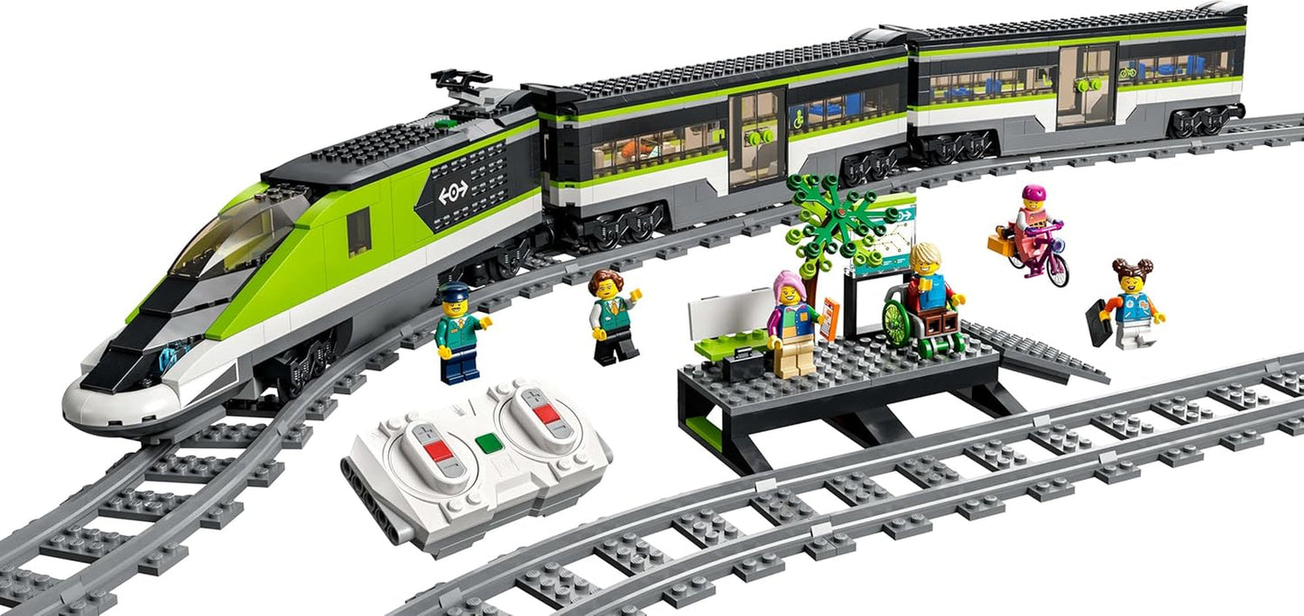 LEGO City Passagierssneltrein, treinset met afstandsbediening, spoorwegspeelgoed met koplampen, 2 rijtuigen en 24 baanelementen, cadeau voor kinderen, jongens en meisjes 60337 Bouwsets Besuche in LEGO-Store