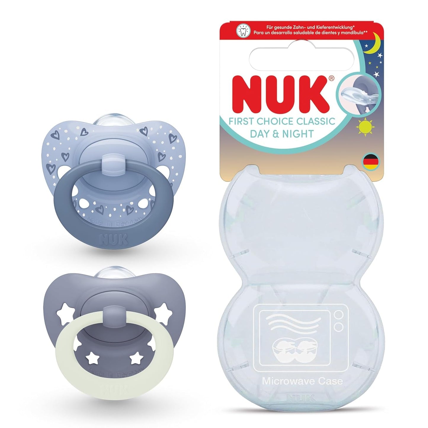 NUK First Choice klassieke dag- en nachtfopspenen voor baby's | 6-18 maanden | Orthodontische fopspenen die oplichten in het donker | 95% acceptatie door baby's** | Blauw | Pak van 2