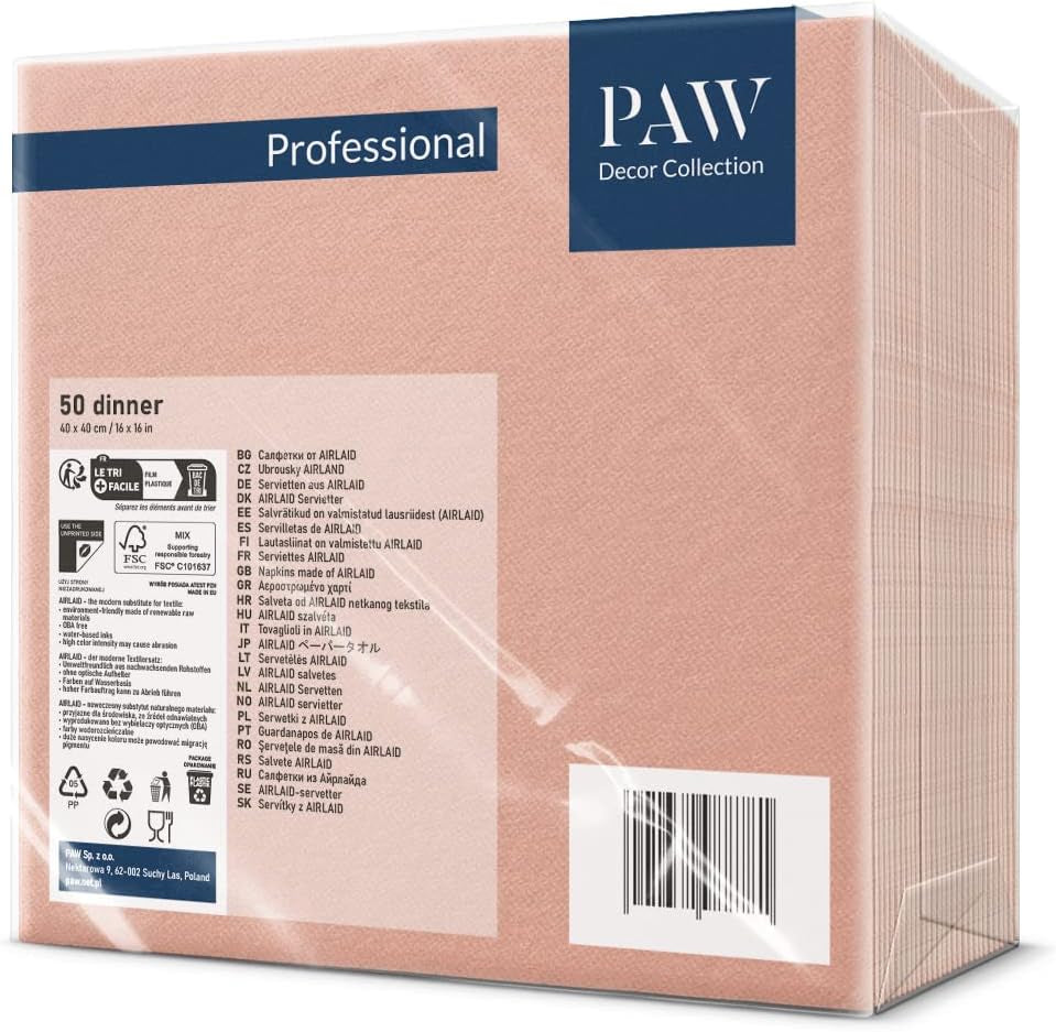 PAW - Airlaid Servetten (40 X 40 Cm) I 50 stuks I Unicolor I Stofachtig I Elegante tafeldecoratie I Horeca I Voor belangrijke gelegenheden zoals bruiloften, feesten, Kerstmis I Unicolor: Roze