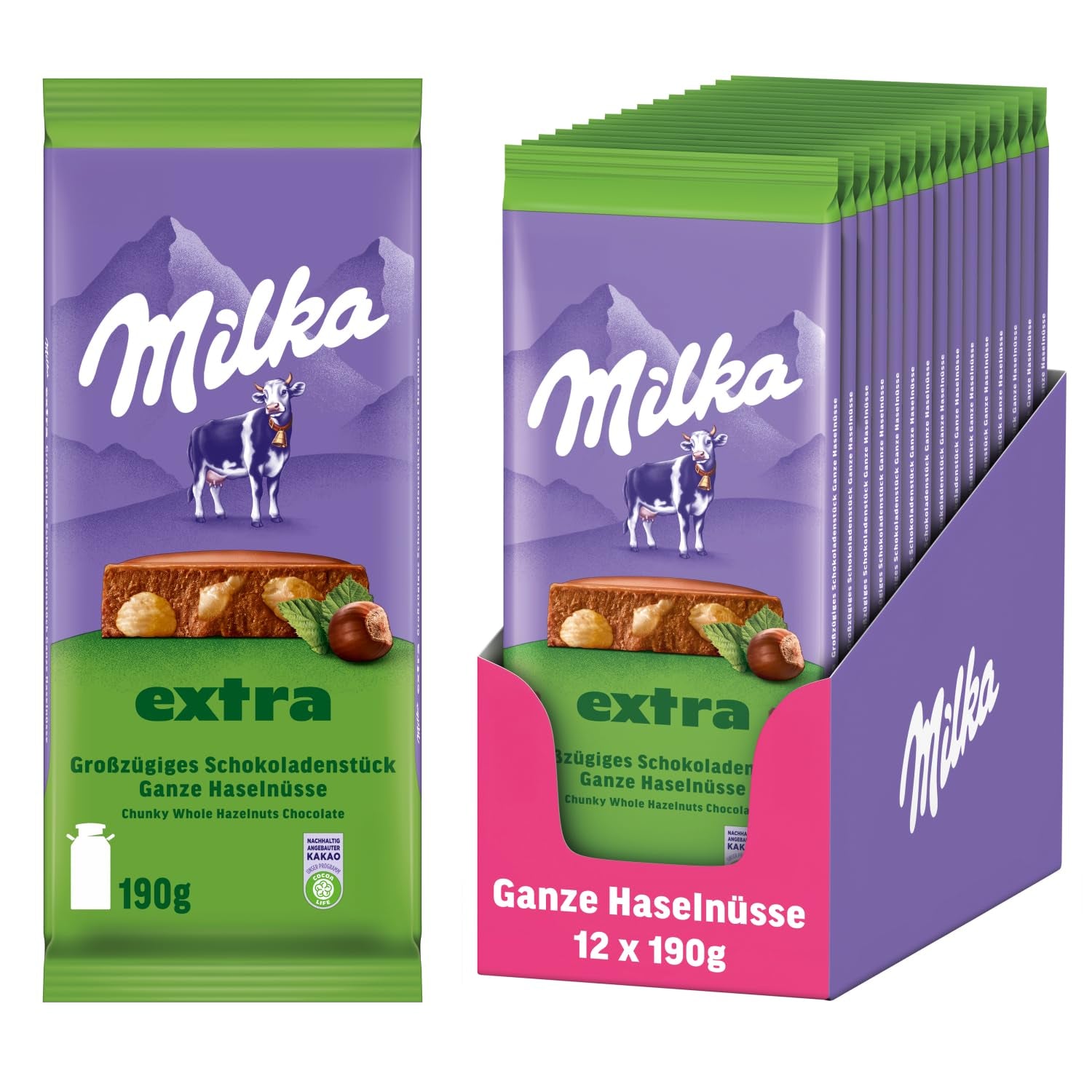 Hele hazelnoten met chocolade Milka Extra - Alpenmelkchocolade met knapperige hele hazelnoten - 12 x 190g