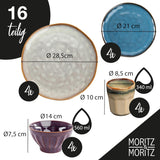 Moritz & Moritz COPA 16-tlg Geschirrset 4 Personen - Elegantes Teller Set aus hohrstandigem Steinzeug - Geschirr Set 4 Personen met 4x Dinnerteller, Dessertteller, Müslischale & Kaffeebecher