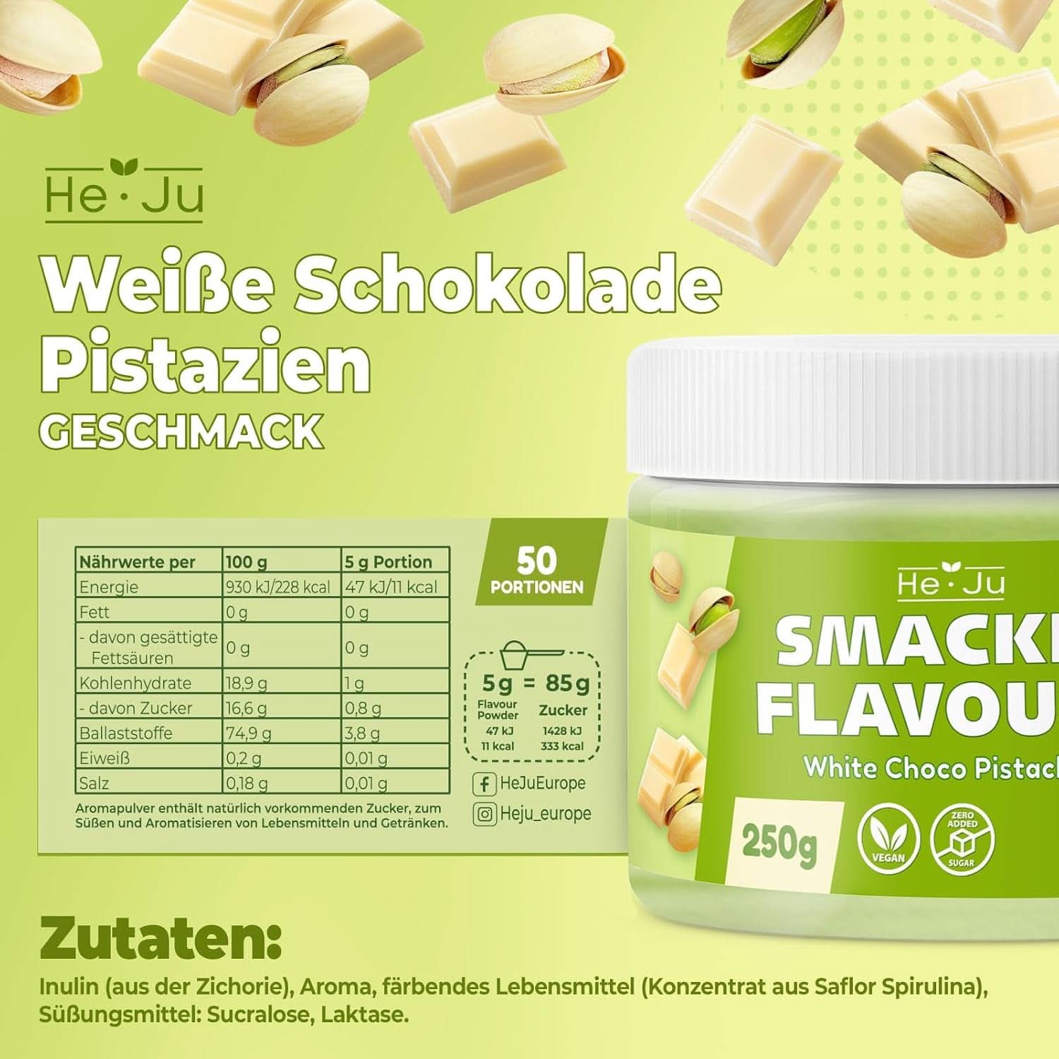 He-Ju, Poeder met witte chocolade- en pistachesmaak, 250 gram Naty Shop Flavours