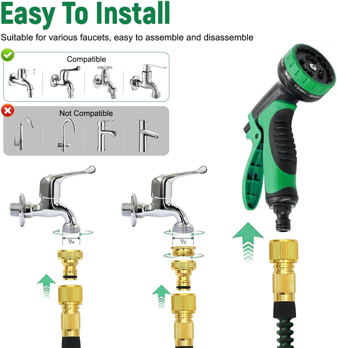 30 m/100 ft groene flexibele tuinslang met sproeikop en 3/4" en 1/2" messing connectoren 10 functies 3-voudig uitschuifbaar, geen knik, uitschuifbare waterslang voor tuinvloer, terrasauto