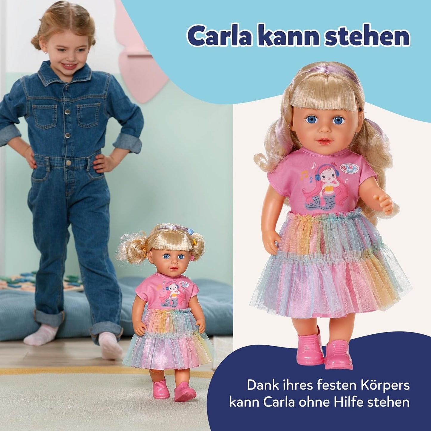 BABY born Carla - pop 43 cm - hoge kwaliteit blond haar met lokken - geen batterijen nodig - geschikt voor kinderen vanaf 4 jaar - inclusief 7 accessoires, roze