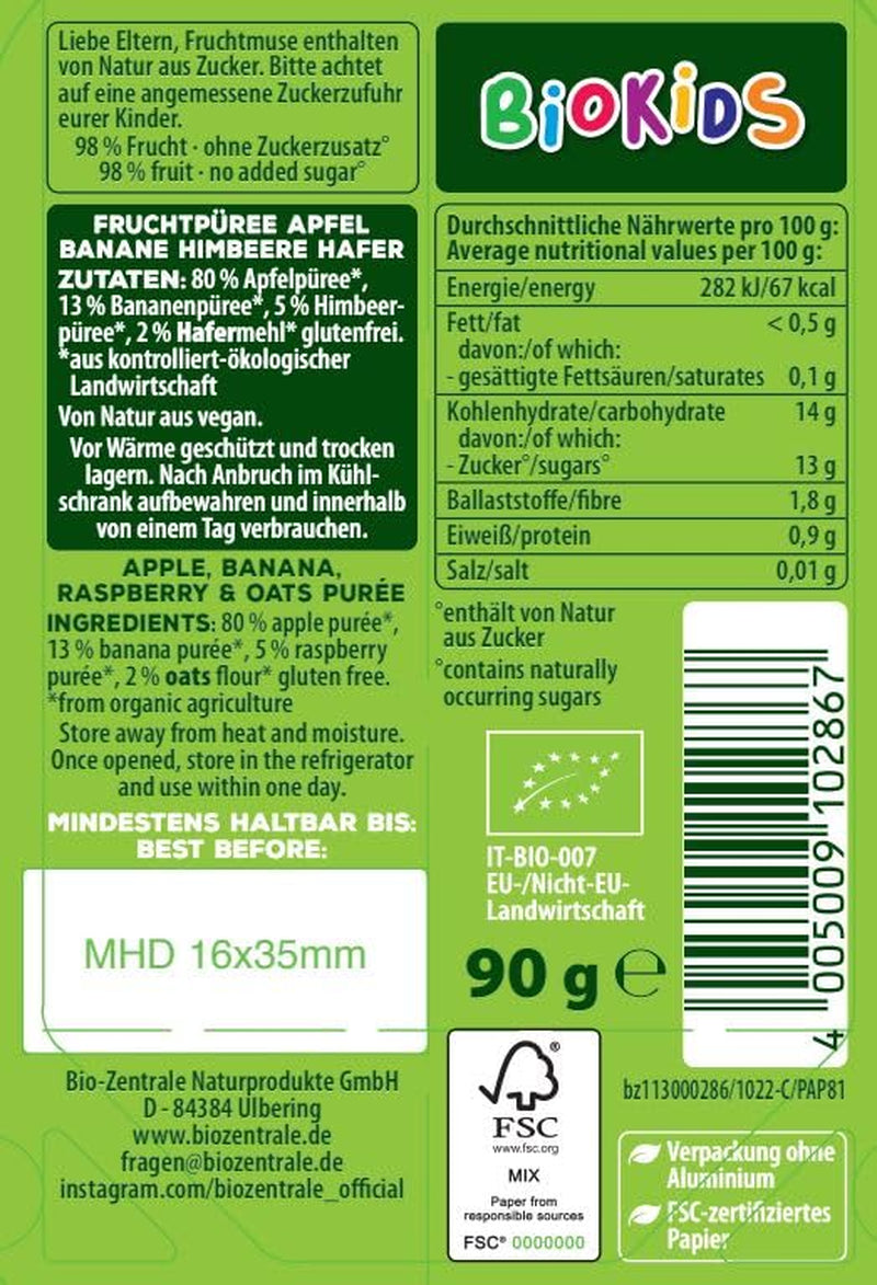 biocentral BioKids Fruitpuree Appel Banaan Frambozen Haver | 12 x 90 g | Fruitige snack zonder toegevoegde suiker | Veganistisch