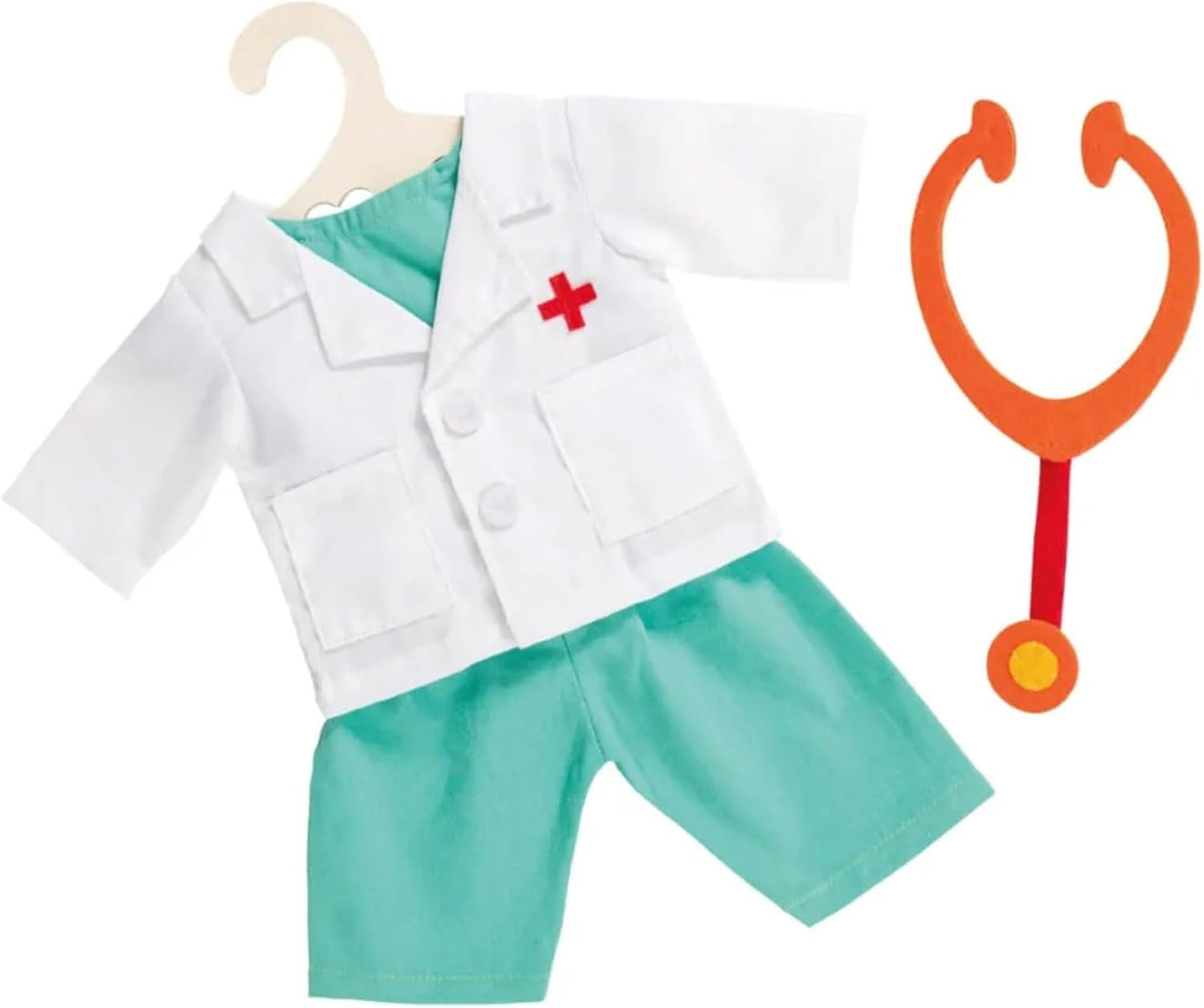 Heless 1653 - Poppenkledingset, 4-delig dokterspak met broek, shirt, doktersjas en stethoscoop, maat 28 - 35 cm